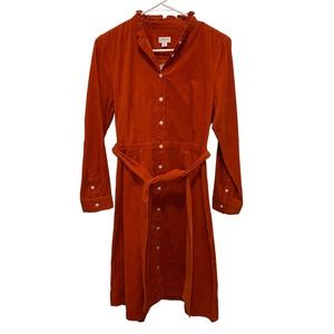 NWT J. Crew Women's Corduroy Ruffle Neck Belted Shirt Dress in Orange Size 6